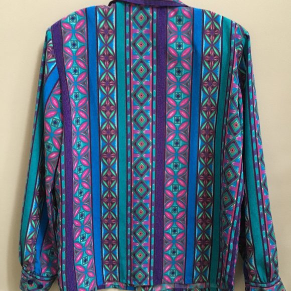 Funky Vintage Geometric Print Blouse, Purple, Blue, Turquoise + Green - Picture 3 of 4